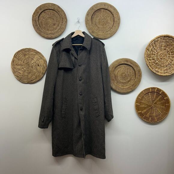 ASOS Brown Gray Black Collared Button Houndstooth Trench Coat Large TALL LONG - Picture 1 of 7